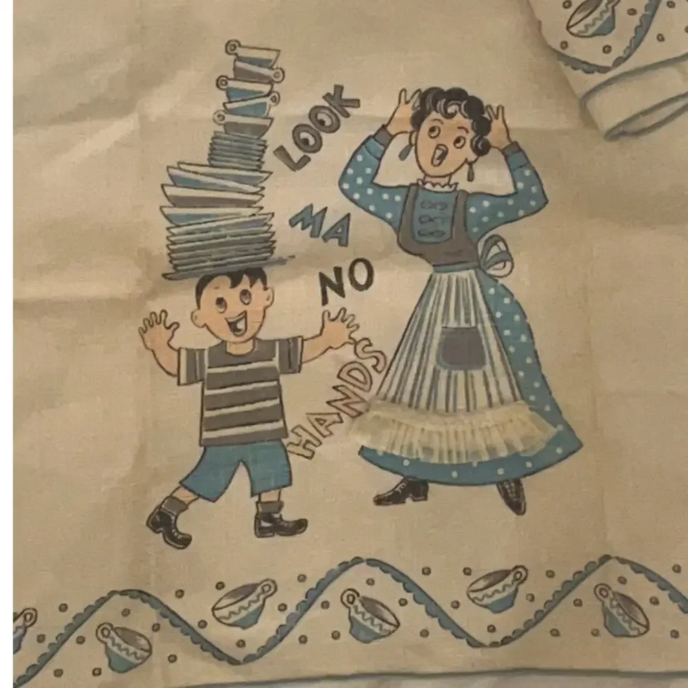Vintage Lot of 2 Tea Kitchen Towel  - Look Ma No Hands - Off White / Blue